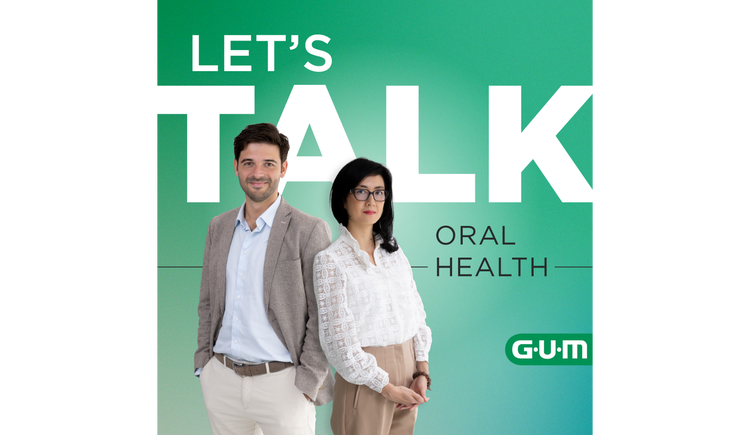 Cover artwork for the "Let's Talk Oral Health" podcast featuring hosts Martijn Verhulst and Rachel Chau standing in front of a green gradient background with the podcast title and GUM logo