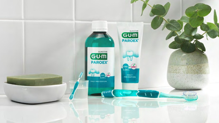 GUM Paroex oral care products including mouthwash, toothpaste, toothbrush, and interdental brush for daily dental hygiene