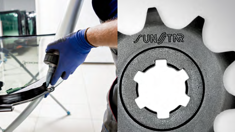 Sunstar’s Industrial Business, showcasing automotive sealant application and a precision gear component engraved with the Sunstar logo