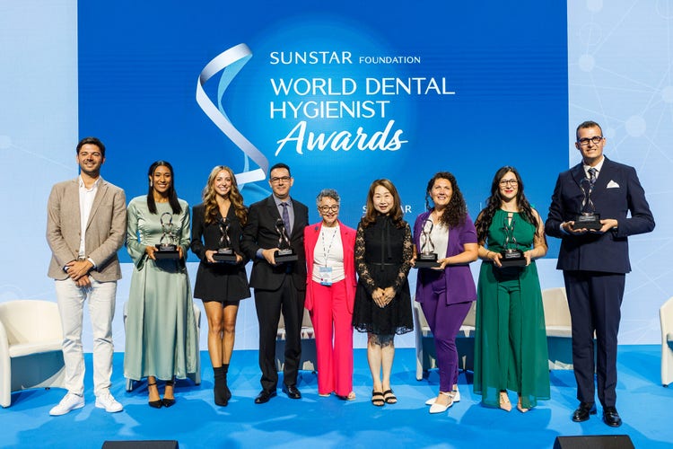World Dental Hygienist Awards Ceremony, pictured left to right: Martijn Verhulst (host and Medical Affairs Lead, Sunstar), Janet Williams Oshun, Whitney Difoggio, Dr Elmer E. González, Jill Rethman (President IFDH), Mayumi Kaneda (Director of the Sunstar Foundation), Shelley Brown, Stefania Morittu, Andrea Buttera